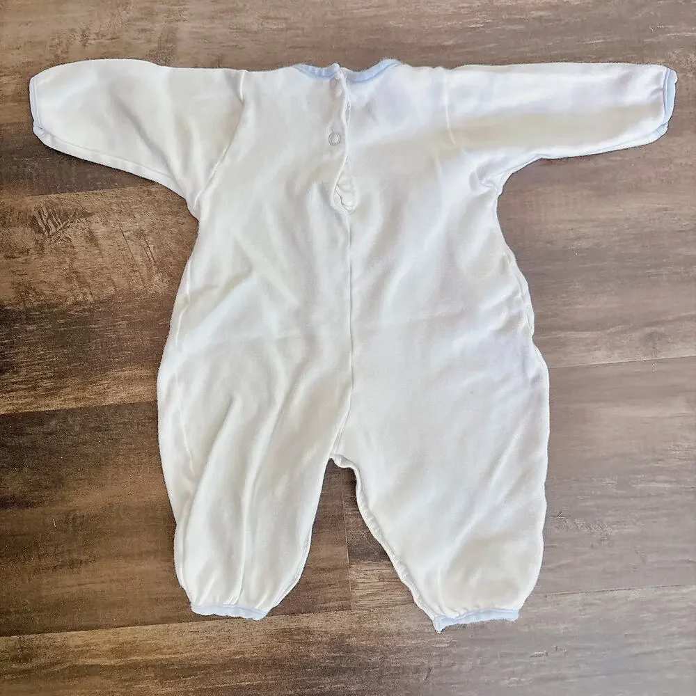 VINTAGE BABY DIOR EMBROIDERED SAILBOAT WHITE VELOUR ROMPER - 3 TO 6 M